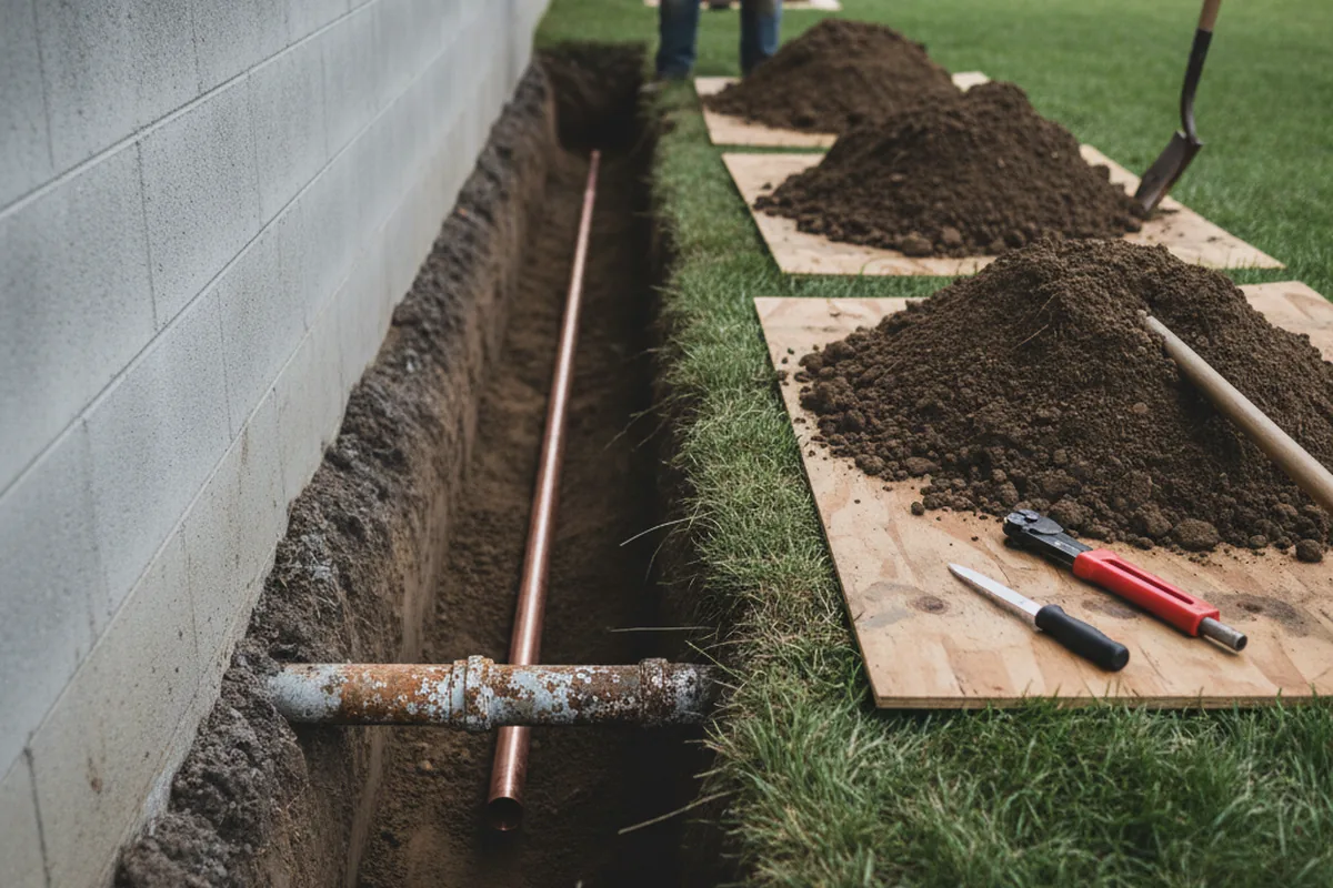 Excavated water line trench during Sewer Line Repair in Toronto